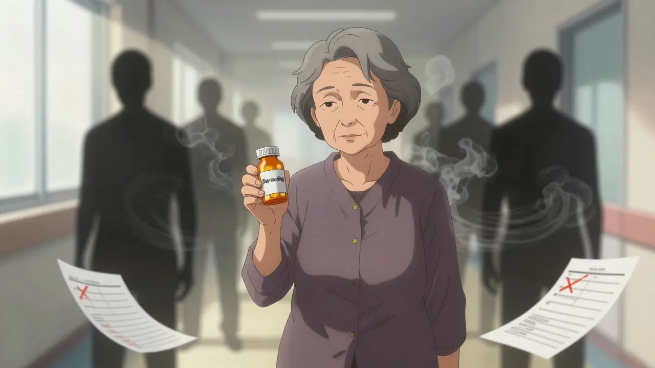 Elderly woman holding one pill as other medications dissolve into smoke behind her.