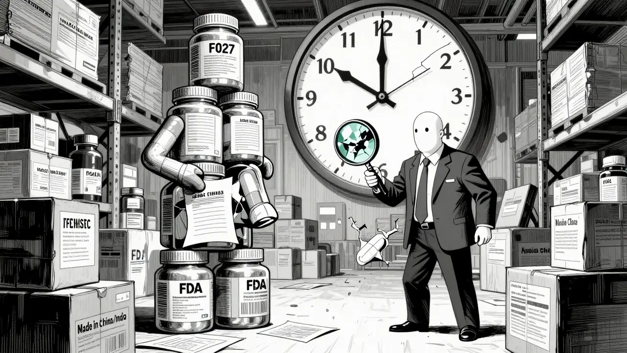 FDA inspector facing corporate executive made of pill bottles in a warehouse of unopened shipments.