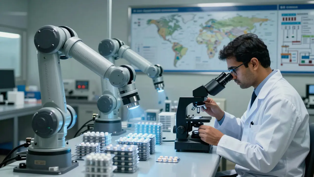 Generic drug manufacturing line in India with FDA inspector examining a tablet under a microscope.