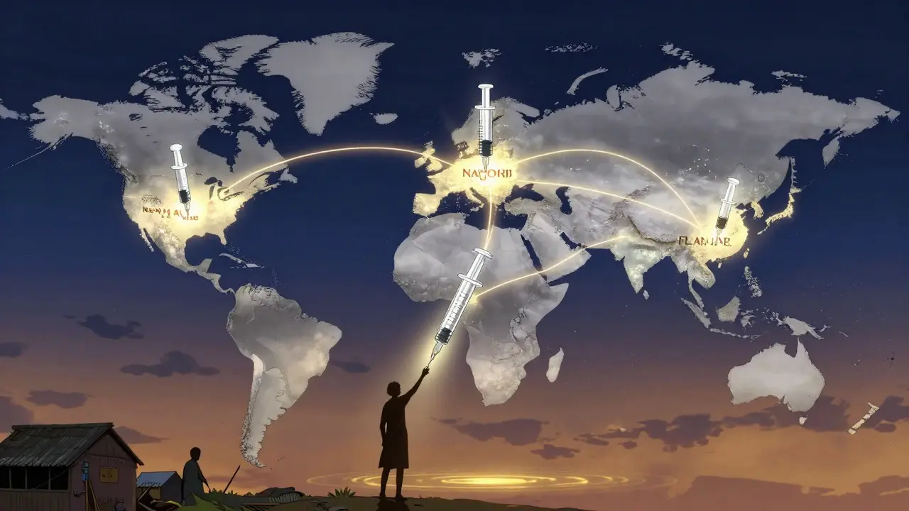 Glowing syringes connecting major cities across the globe, representing equitable HIV access.