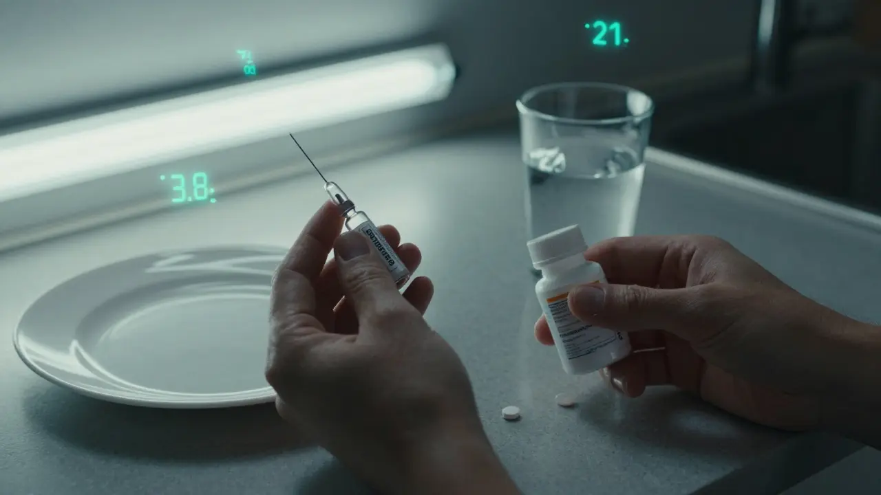 Hands holding GLP-1 and metformin bottles on counter, glowing data points in background.