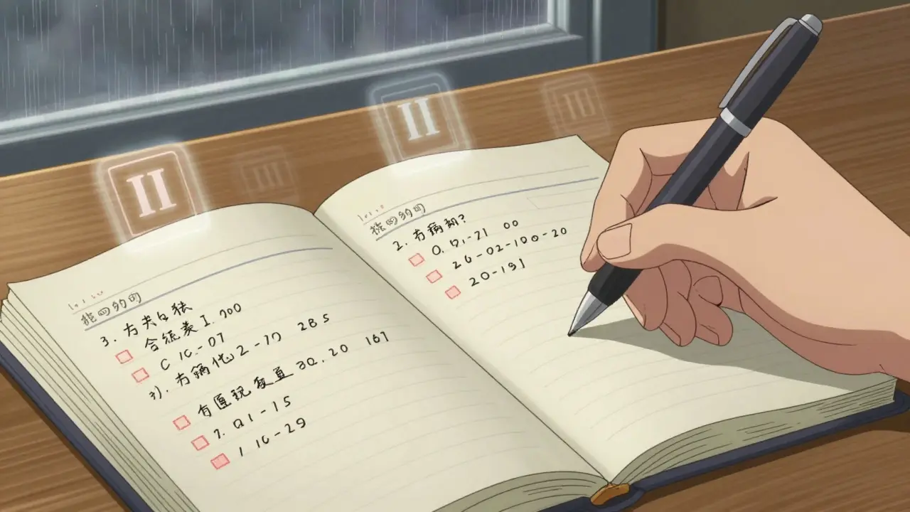 Handwritten medication logbook with recall icons floating above, pen mid-writing.