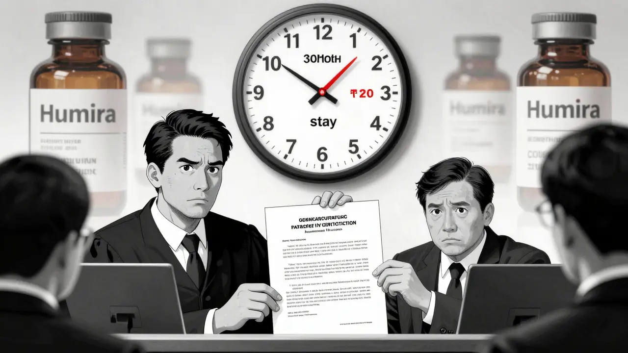 Lawyer presenting Paragraph IV certification in court as a patent stay clock ticks down.