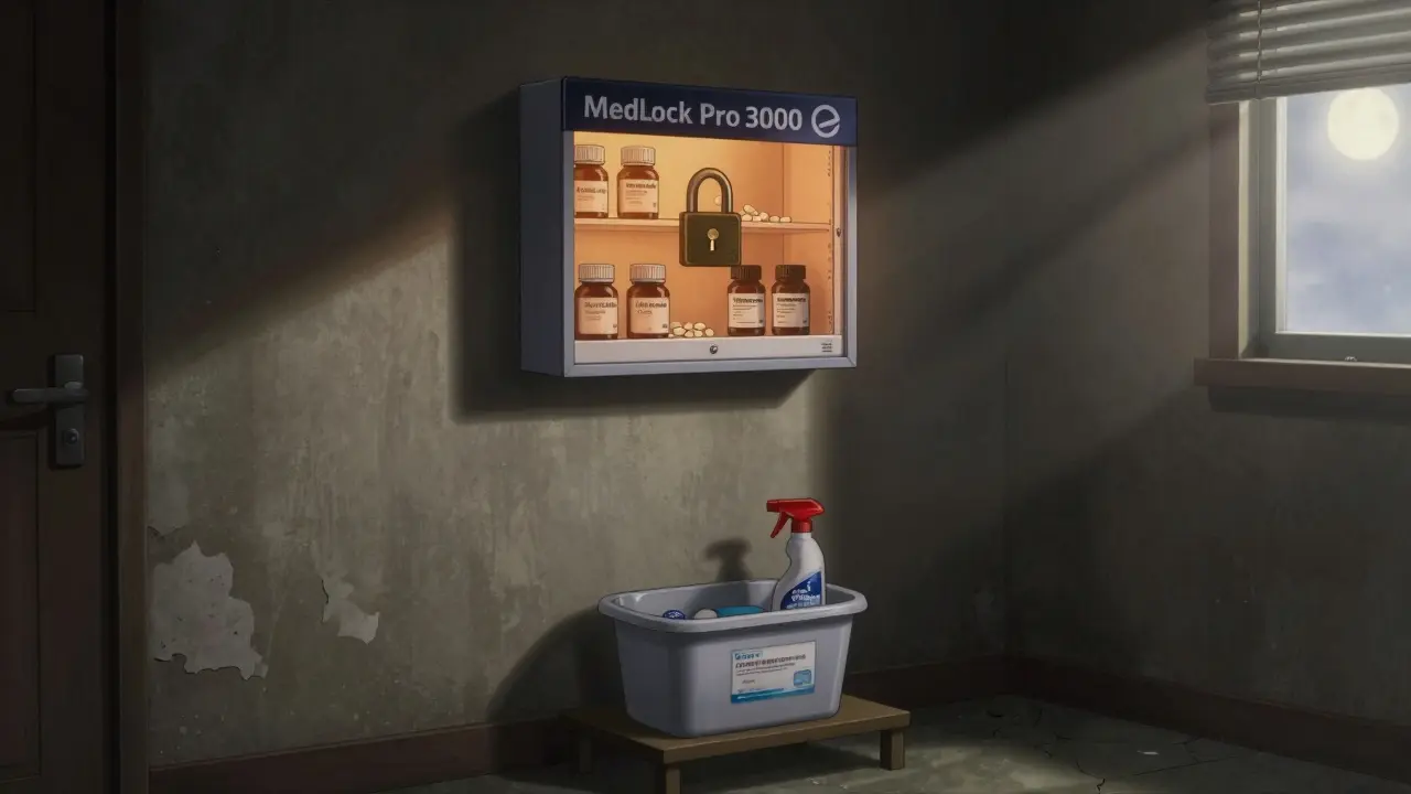 Locked medication box on high shelf, hazardous chemicals stored low below.