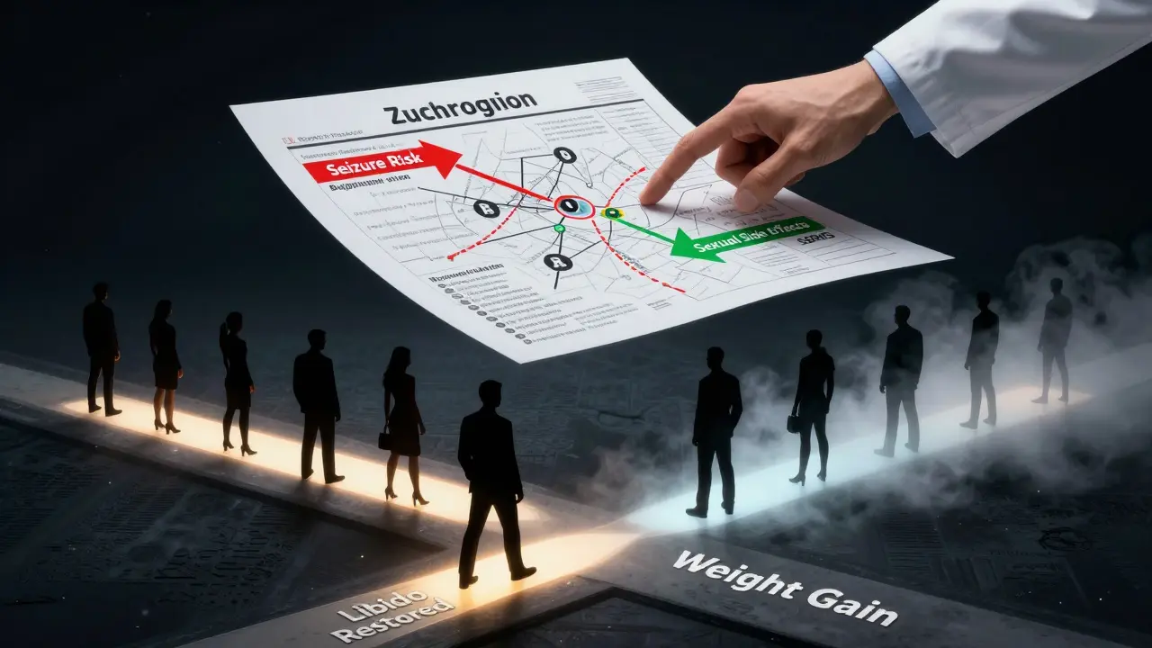 Medical chart with opposing risk arrows for bupropion and SSRIs, while people choose paths toward restored libido or weight gain.