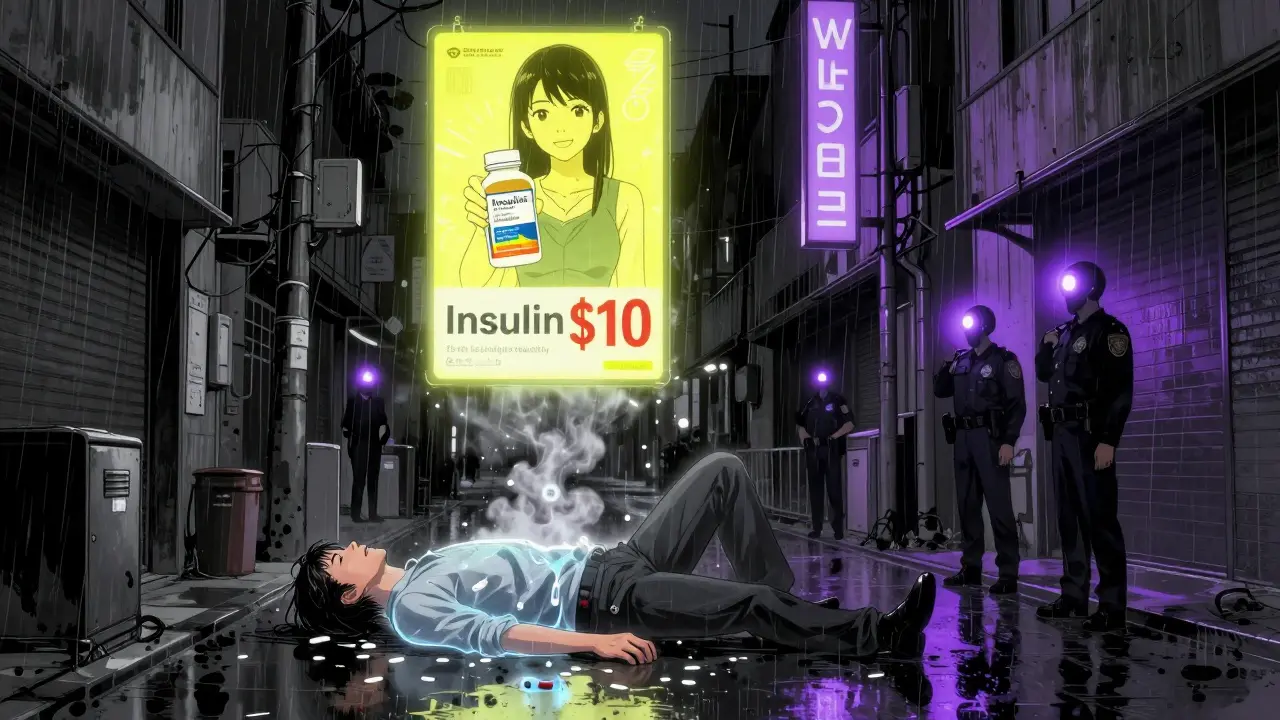 Nighttime street with glowing fake pharmacy ads, a man collapsing as fentanyl clouds rise from counterfeit pills.