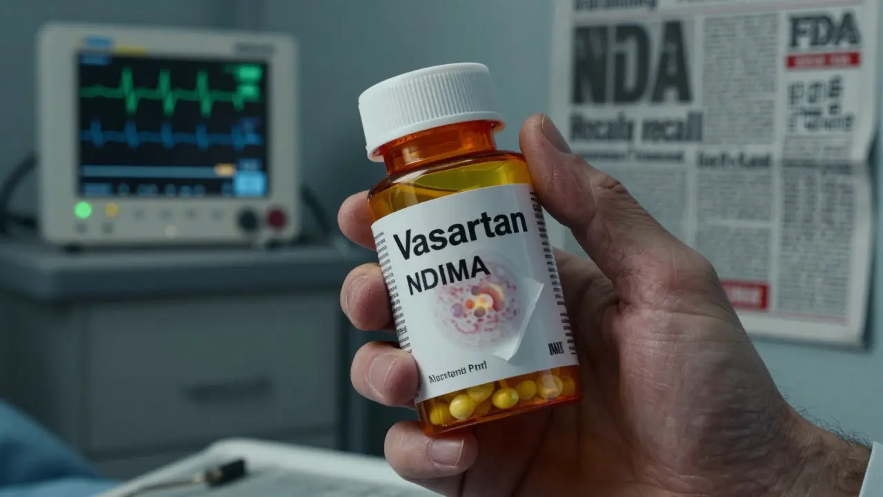 Patient holding generic blood pressure pill with impurities visible in translucent overlay.