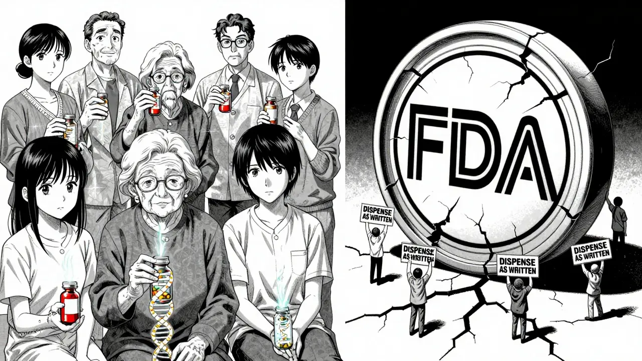 Patients hold pill bottles with DNA helices emerging, while a cracking FDA seal is climbed by advocacy signs.