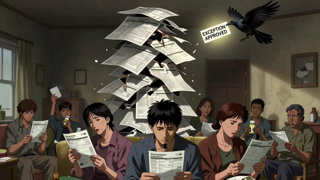 Patients under collapsing insurance formulary tower, one reaching for approval slip.