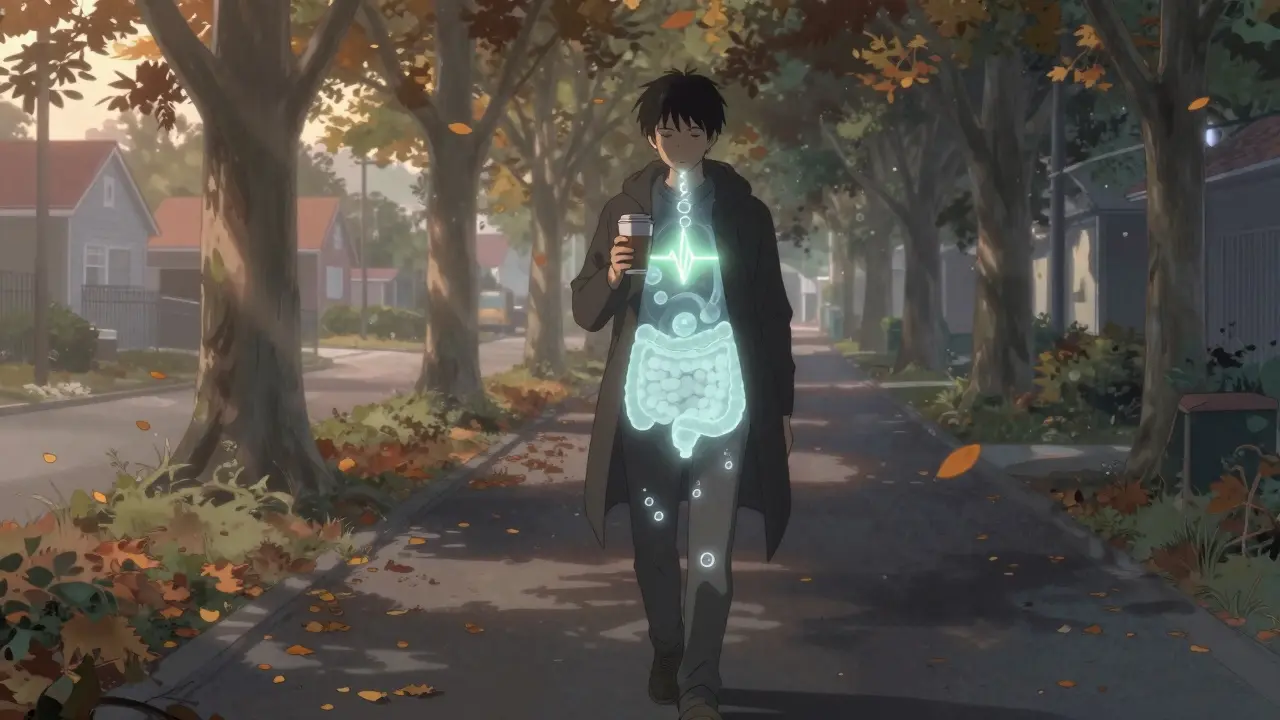 Person walking at dawn with faint digestive glow, symbolizing tolerance and health improvement.