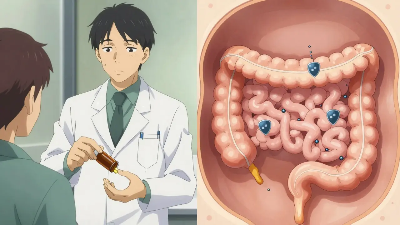 Pharmacist giving ezetimibe bottle while intestine cross-section shows cholesterol blocking mechanism.
