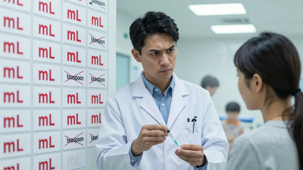 Pharmacist handing a caregiver a syringe with clear mL labels on prescription bottles in the background.