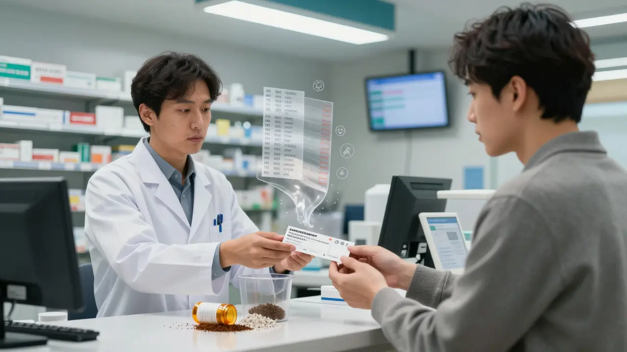 Pharmacist handing new prescription while discarded pills mix with coffee grounds in trash.