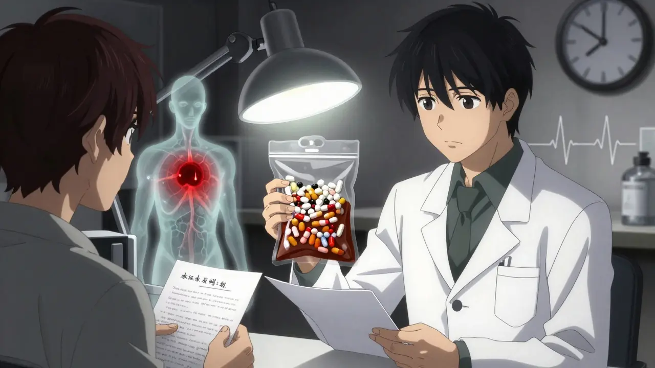 Pharmacist reviewing medications from a brown bag with ghostly interaction effects floating nearby.