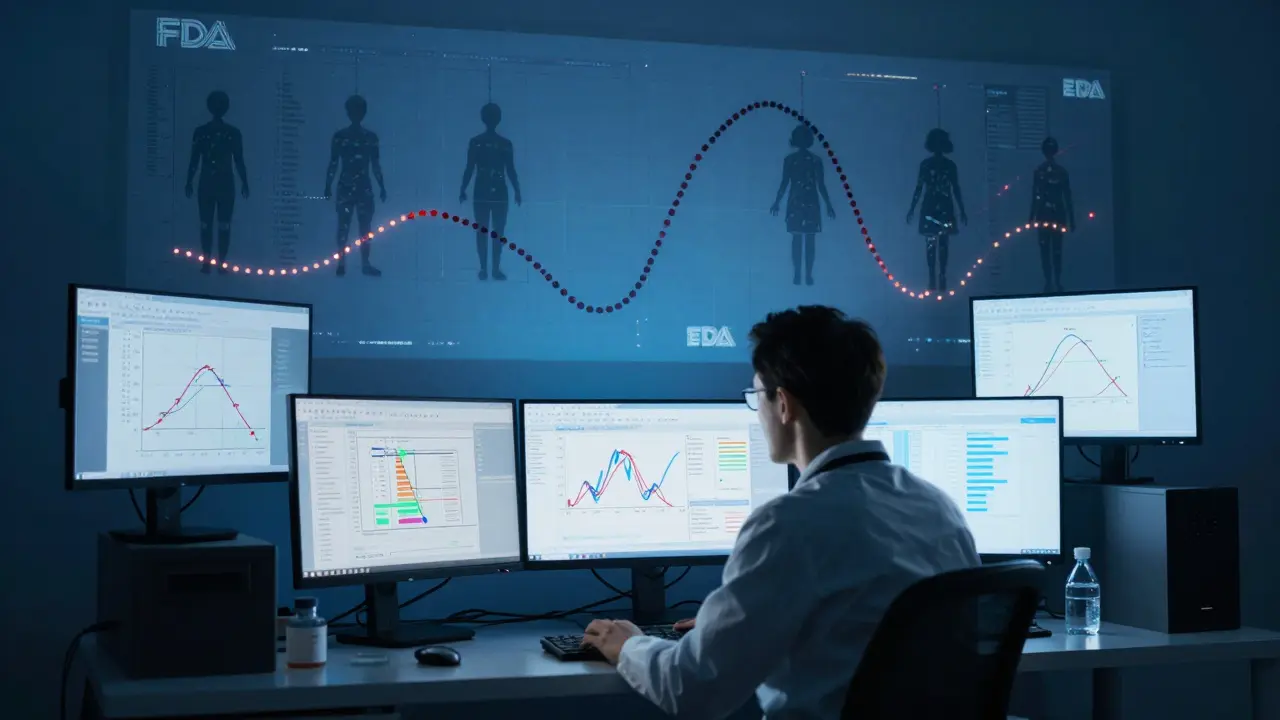 Pharmacometrician validating model amid floating interfaces and patient silhouette mural.