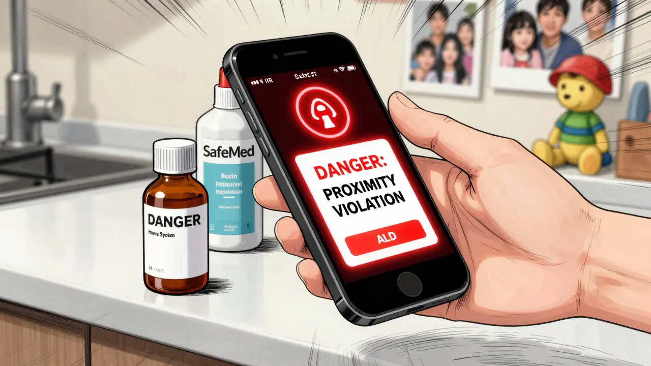 Smartphone alert warning of dangerous proximity between insulin and bleach.