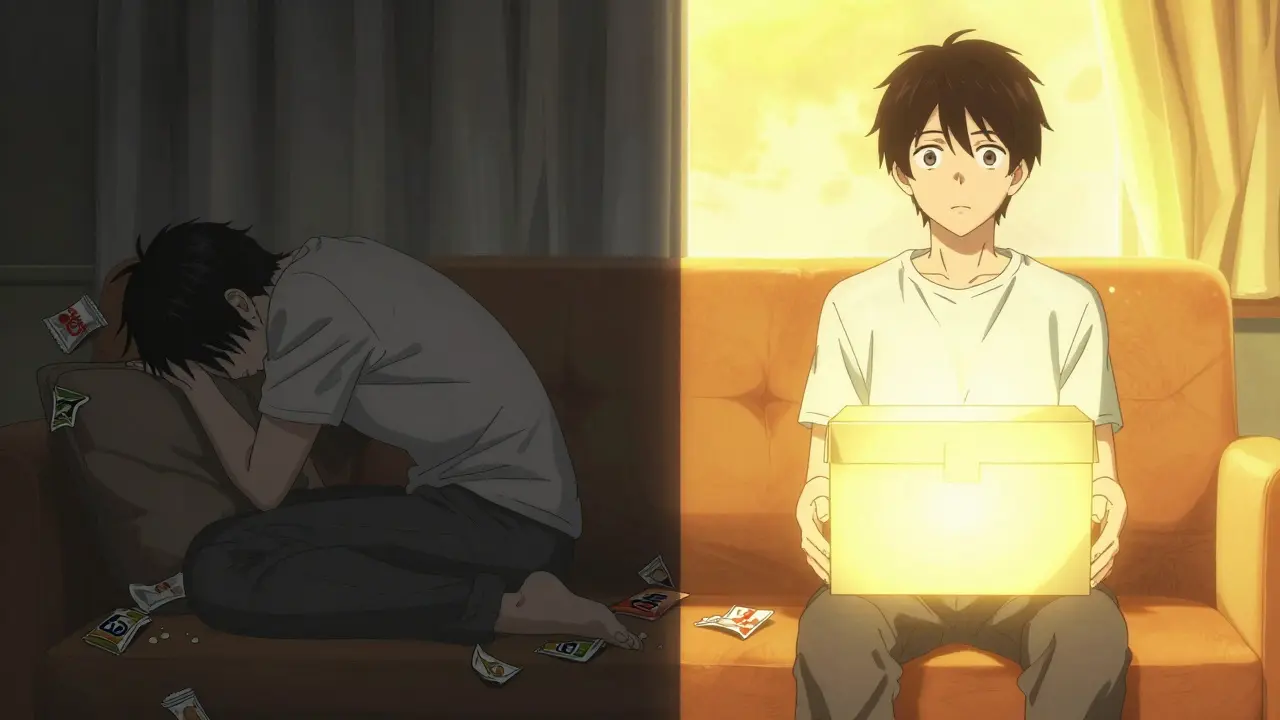 Split image: depressed man in darkness vs. same man energized by morning light therapy.