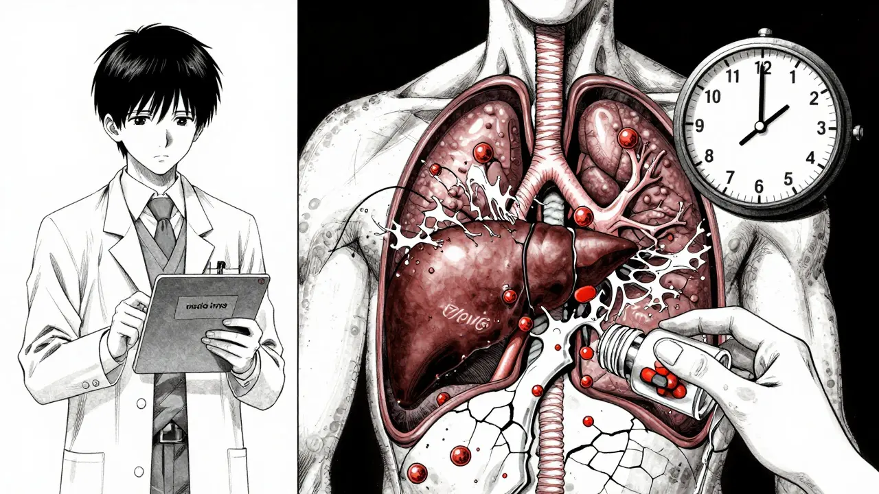 Split image: doctor misdiagnosing vs. internal organ failure from DRESS, clock showing 6 weeks.