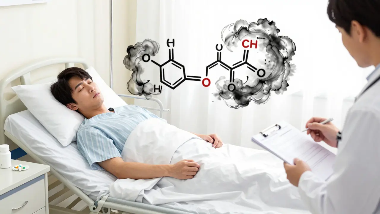 Split scene of a patient sleeping peacefully versus having a seizure, with a chemical structure swirling between them.