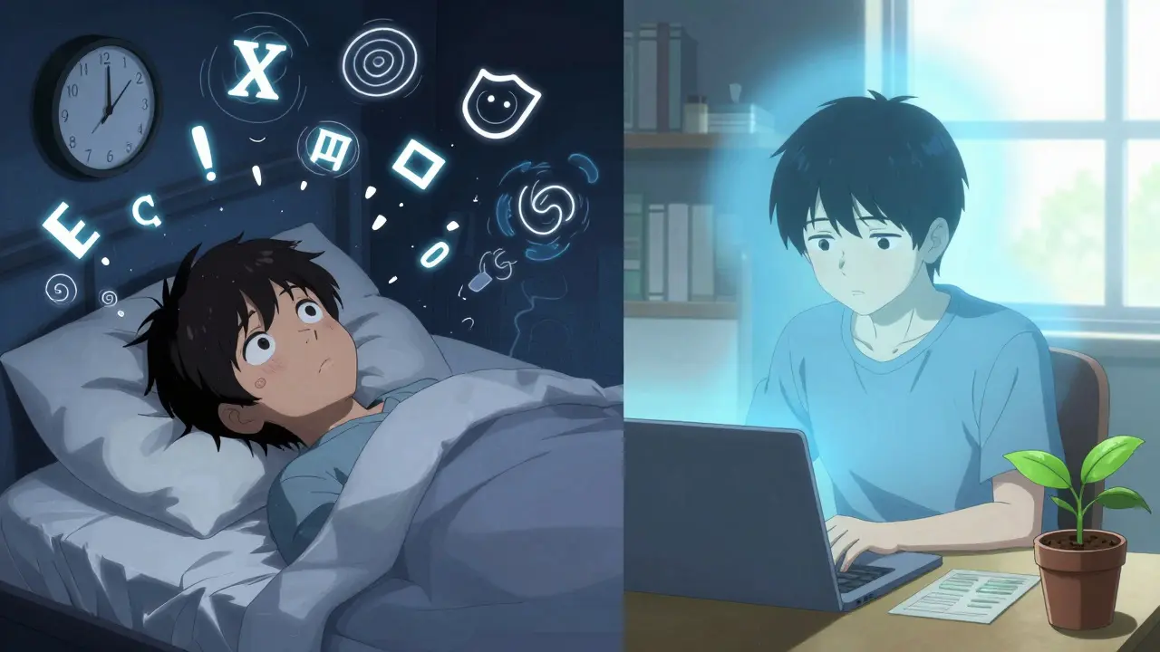 Split scene: one side shows insomnia and racing thoughts at night, the other shows alert focus in daylight, symbolizing bupropion vs. SSRI effects.