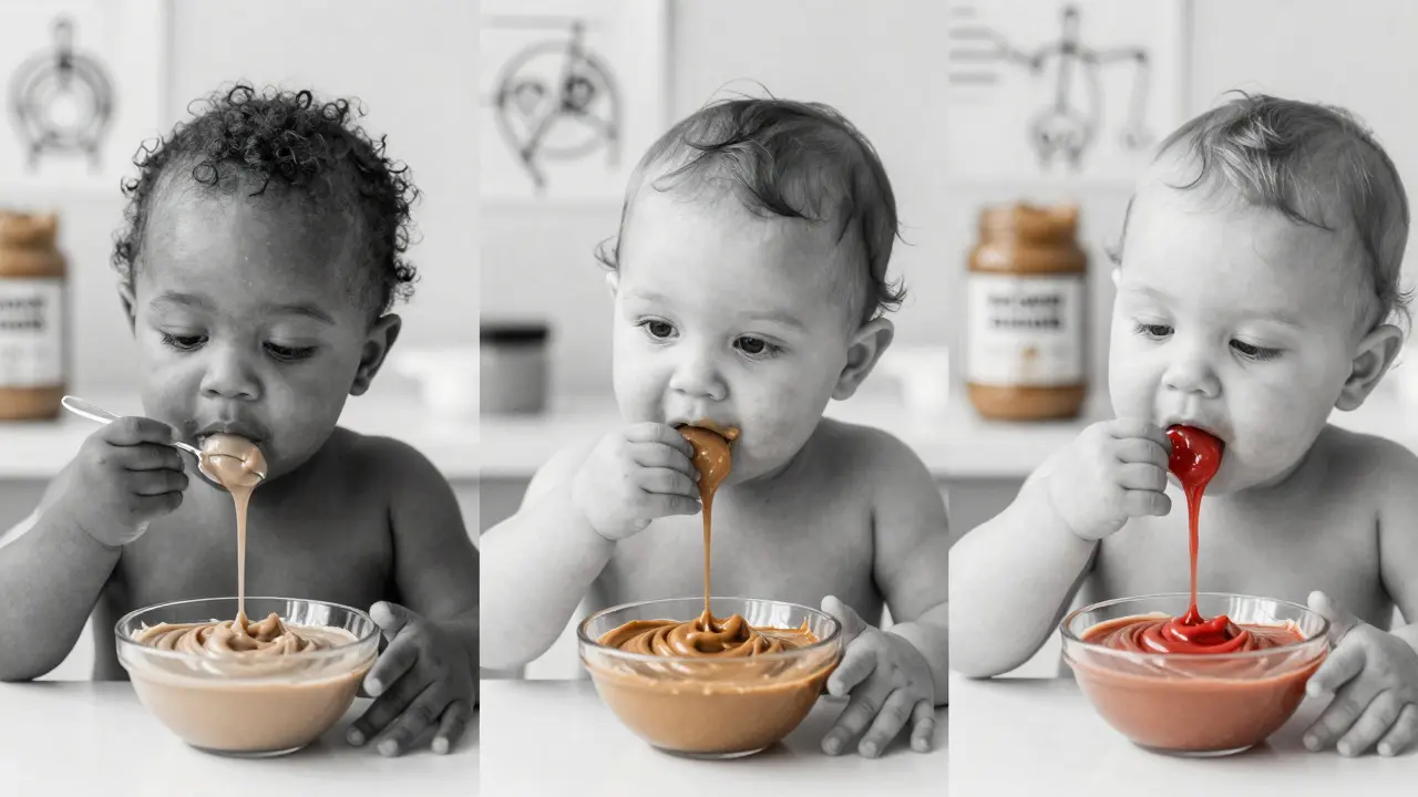 Three infants from diverse backgrounds being fed peanut protein, with medical charts and unsafe peanut products in the background.