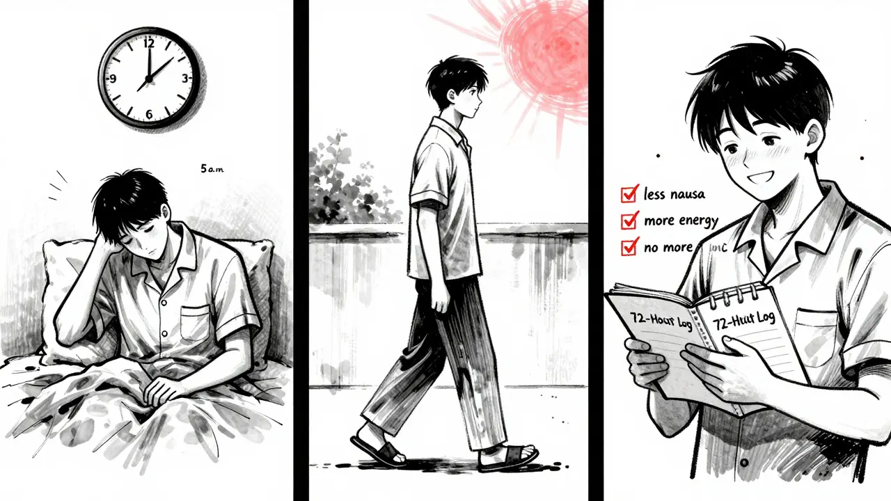 Three-panel journey: tired, walking, logging progress with checkmarks and notebook