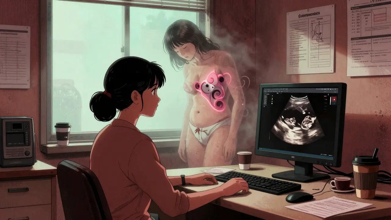 Woman at clinic, healthy ovaries on screen as past self fades into mist, gritty anime style.