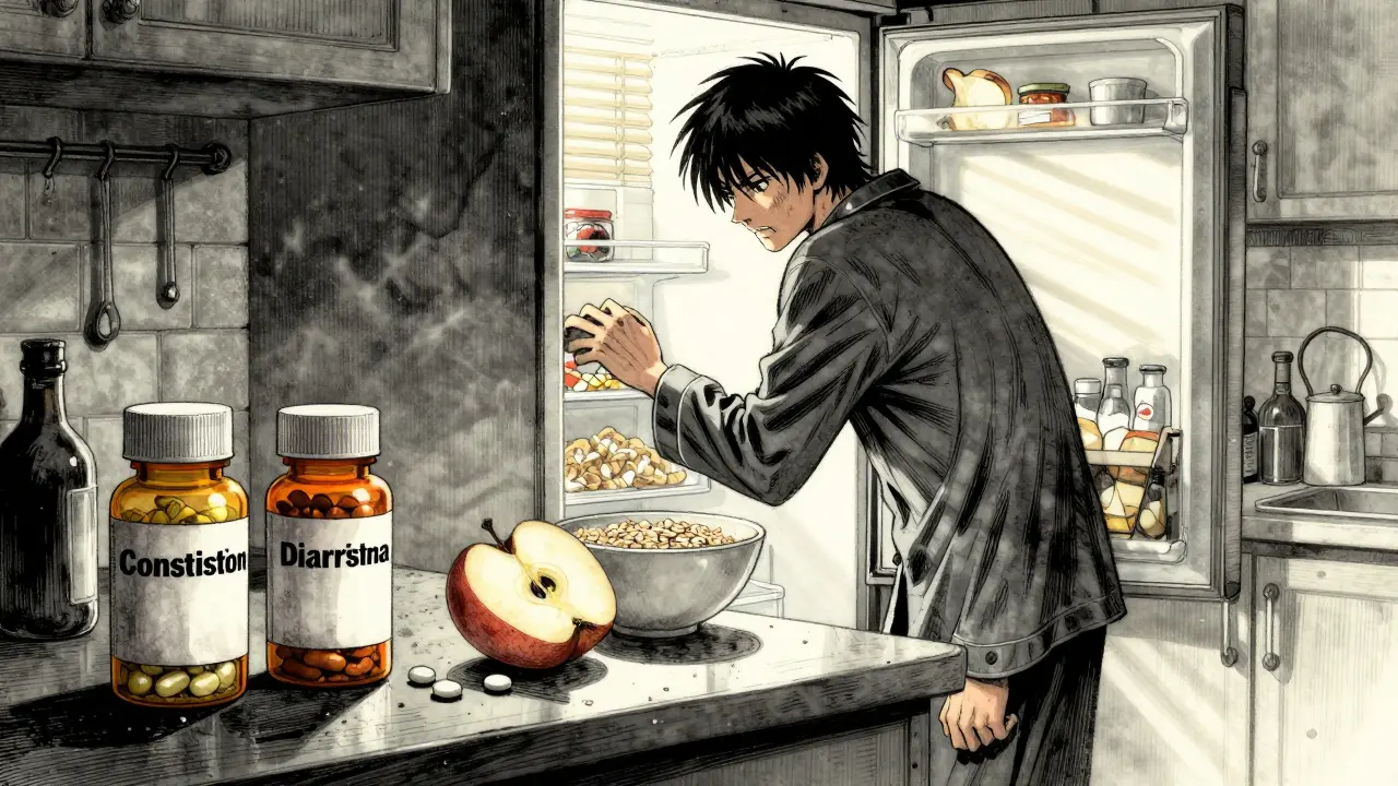 A cluttered kitchen counter with two medication bottles and conflicting foods, a person staring into the fridge.