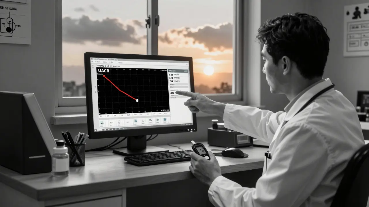 A doctor shows a patient's improving UACR trend on a screen as dawn breaks outside.