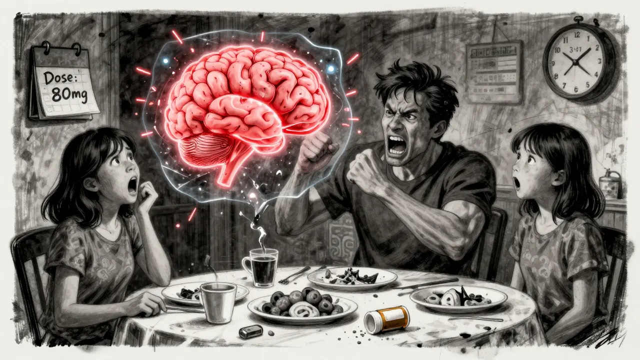 A man erupts in rage during dinner as his brain chemistry visibly fractures under steroid effects.