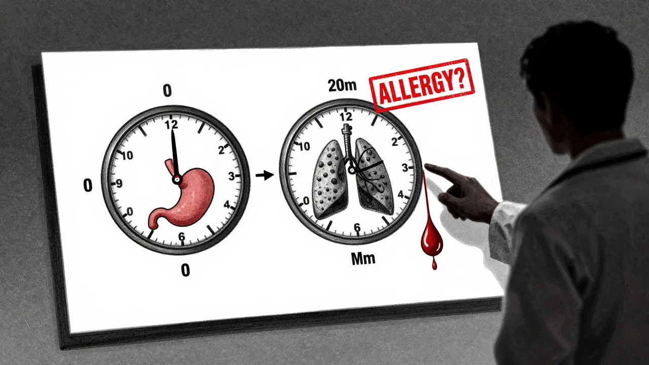 A medical timeline diagram contrasting drug side effects and allergic reactions with bold Gekiga-style ink strokes.