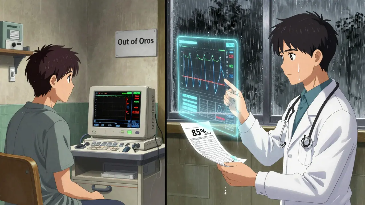A patient in a rural clinic with an empty HRM machine, contrasted with a doctor using AI diagnostics.