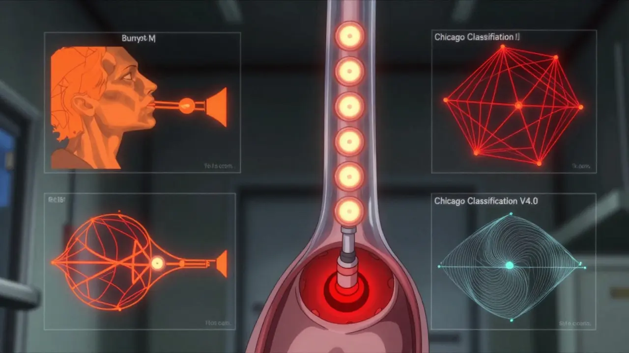 A pressure-sensing tube mapping esophageal contractions with glowing diagnostic data.