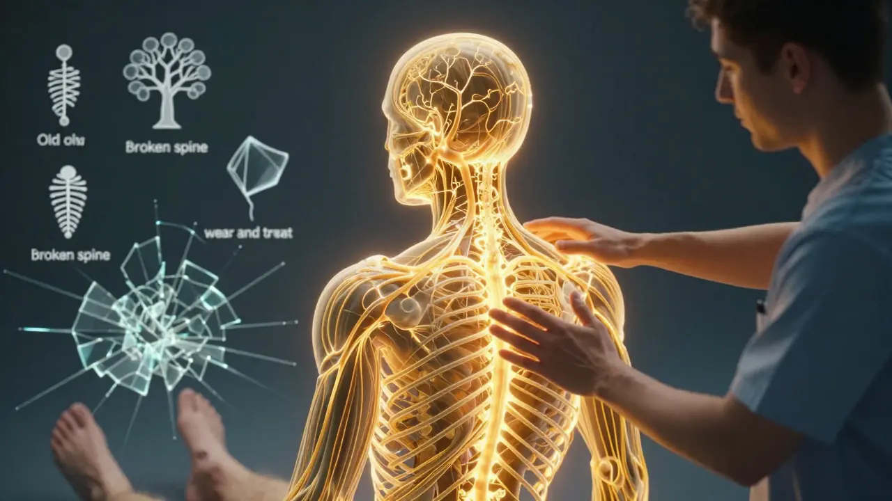 A therapist guiding a patient as golden light flows from their nervous system, broken pain beliefs shattered below.