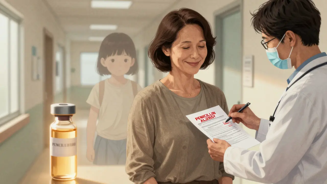 A woman having a false penicillin allergy label removed, with a glowing vial and fading childhood ghost in Gekiga art style.