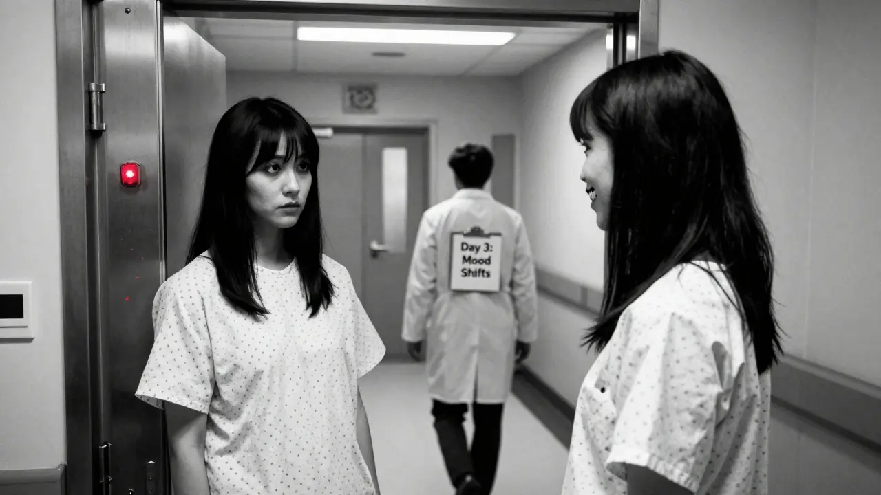 A woman sees a terrifying distorted reflection in a hospital hallway, symbolizing delusion.