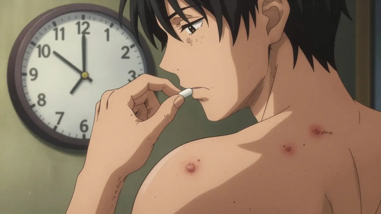 Clock showing immediate hives and delayed rash from same medication