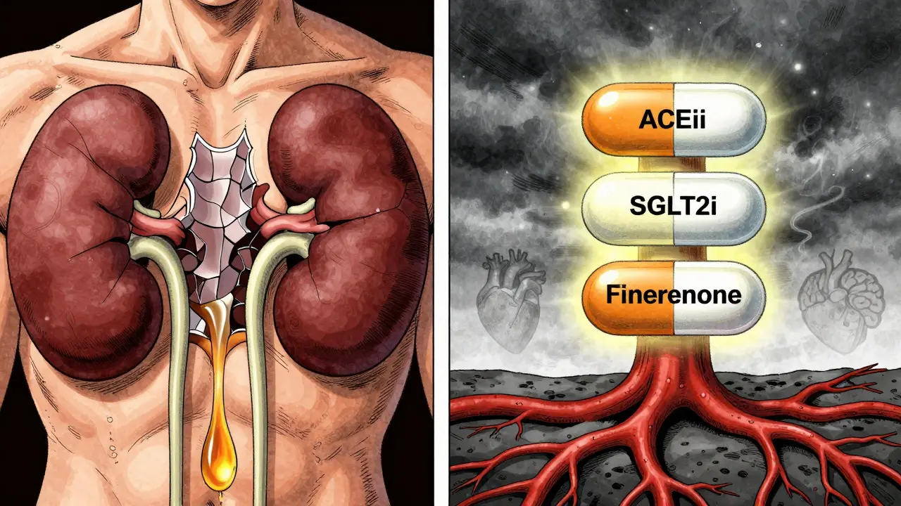 Cracked kidneys leaking albumin as three glowing pills protect blood vessels in a stormy sky.
