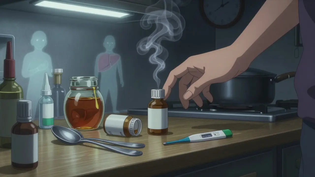 Kitchen counter with medicine bottles, spoons, and honey, ghostly side effects rising from the bottle.