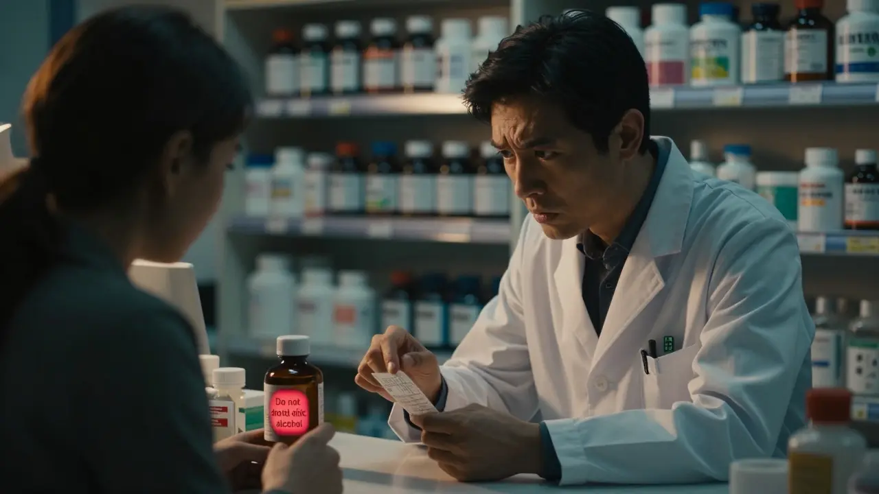 Pharmacist explaining a prescription label to a confused patient in a pharmacy setting.