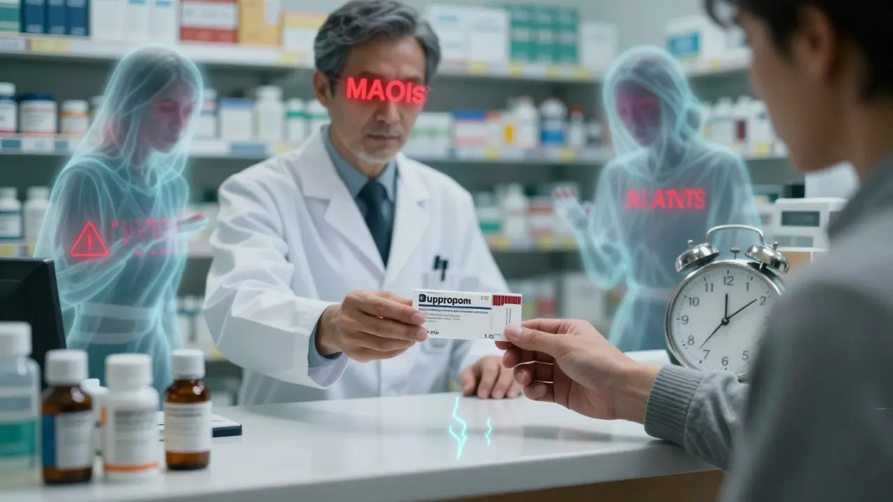 Pharmacist handing bupropion prescription while ghostly drug interactions loom with warning symbols.