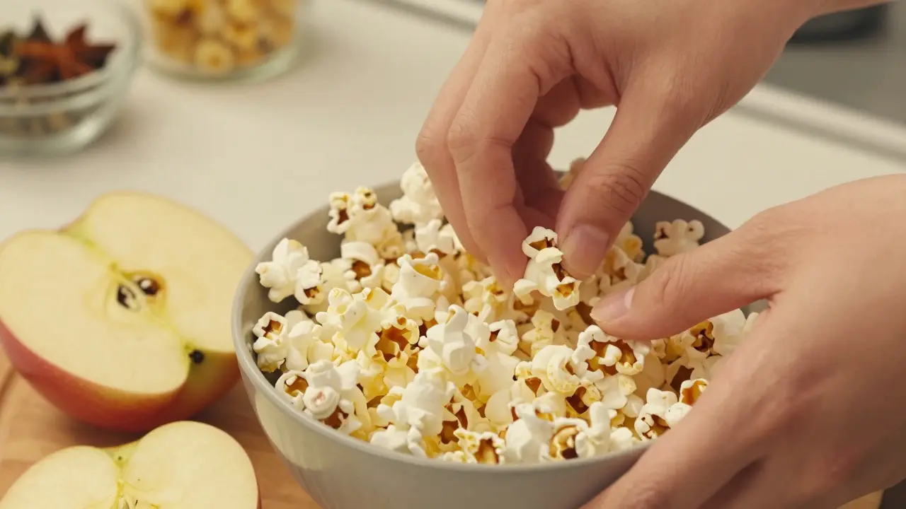 Preparing air-popped popcorn and apples as kidney-safe snacks