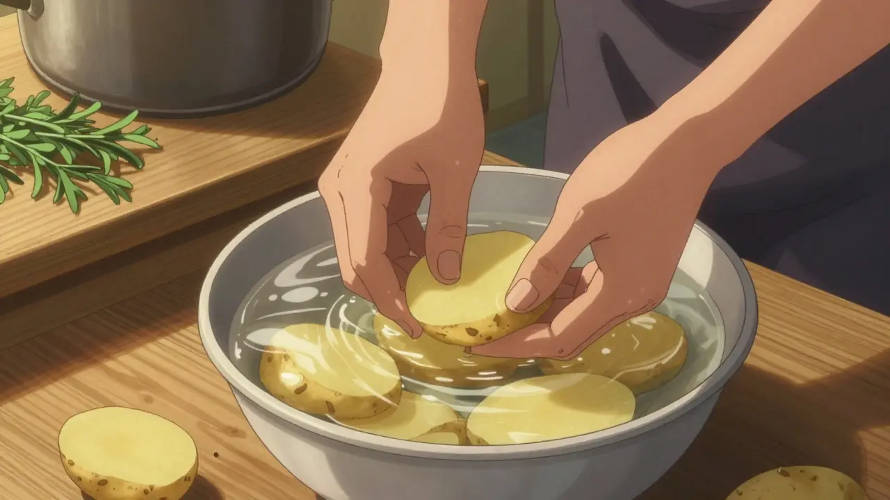 Sliced potatoes soaking in warm water for leaching