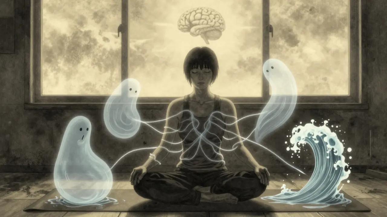 Someone meditating as ghostly stool shapes swirl around them, connected by glowing nerves to their brain.