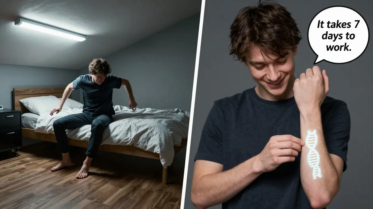 Split scene: person having seizure vs. starting bupropion, with glowing genetic marker on arm.