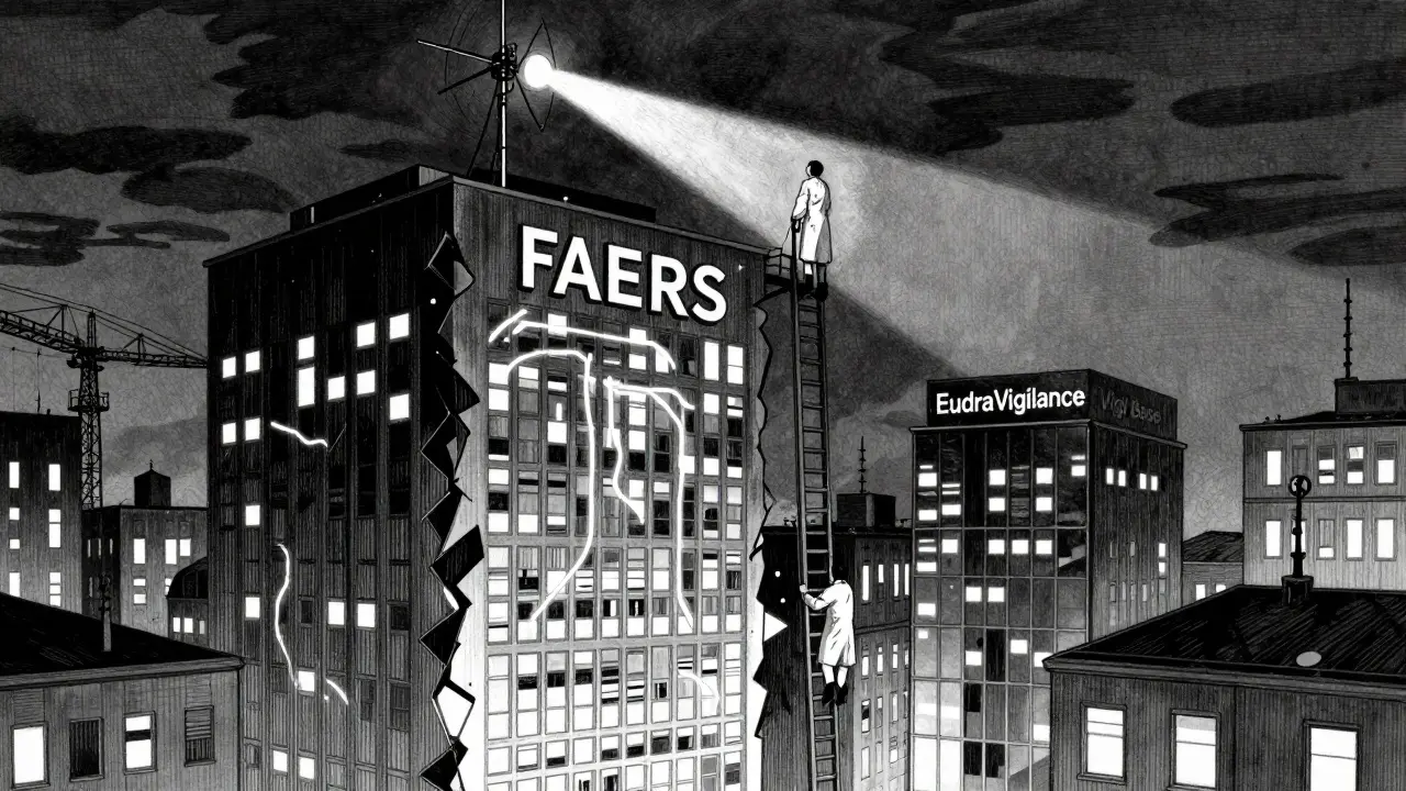 A cityscape contrasts open FAERS data with sealed global databases, as a researcher climbs a ladder of medical codes toward a pulsing antenna.