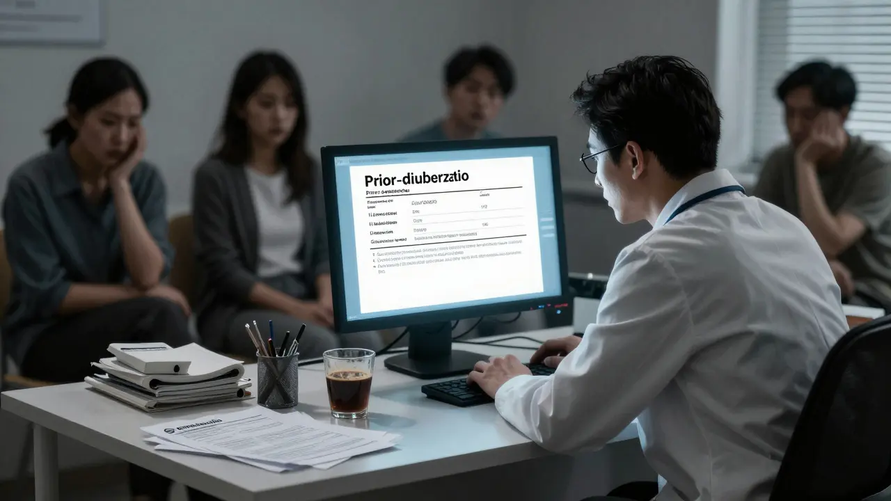 A doctor overwhelmed by prior authorization forms late at night, surrounded by medical paperwork and ghostly patient silhouettes.