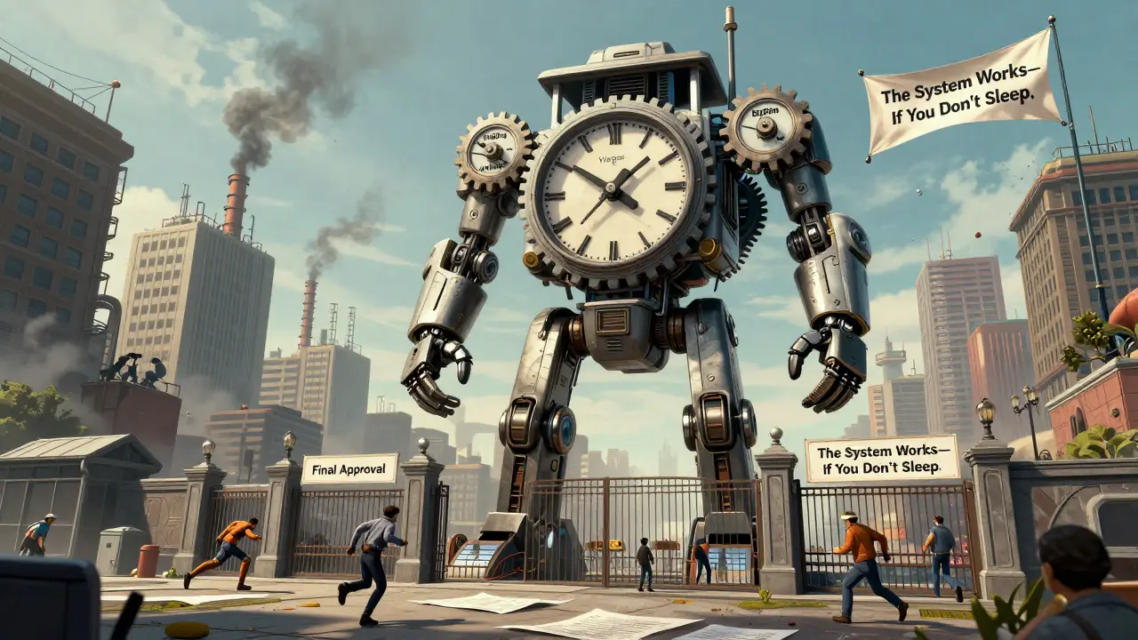 A giant clock tower with drug names on gears, tiny figures racing below toward a gate labeled 'Final Approval.'