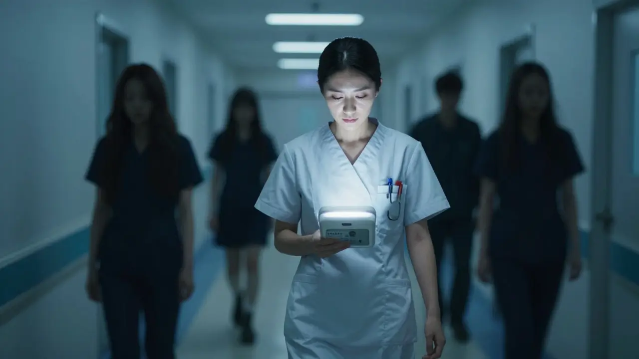A hospital worker using a light therapy box at 4:00 AM, with ghostly shadow versions of her past self fading behind her.