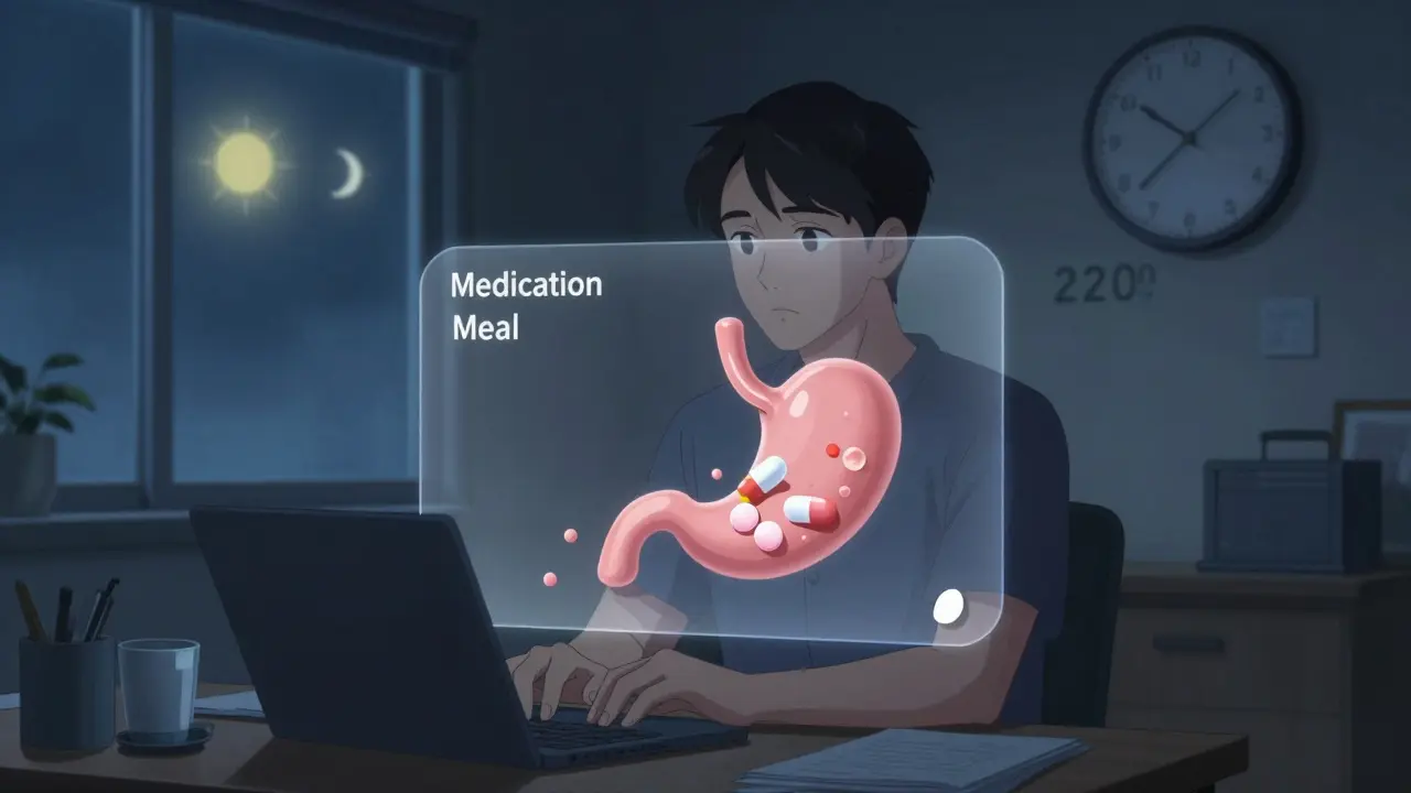 A night-shift worker sets alarms for medication, with a transparent 3D animation showing pill absorption.